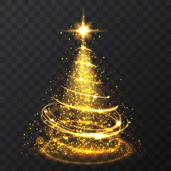 Goldene glitzernde Bokeh-Lichter und funkelnde Sterne Weihnachtsbaum auf transparentem Hintergrund. Vereinzeltes Licht, das abstrakt goldene Weihnachtsbäume leuchten lässt. Vektor-Erleuchtung. — Stockvektor