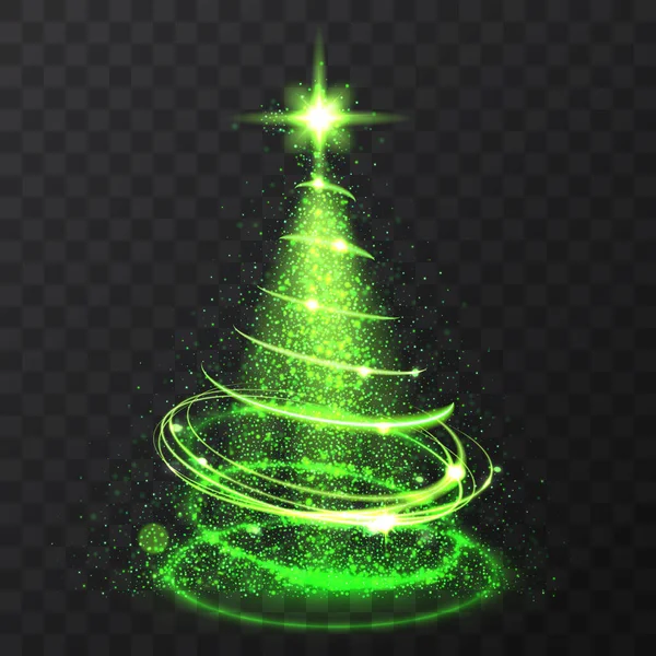 Grüne glitzernde Bokeh-Lichter und funkelnde Sterne Weihnachtsbaum auf transparentem Hintergrund. Vereinzelt leuchtet abstrakter grüner Weihnachtsbaum. Vektor-Erleuchtung. — Stockvektor