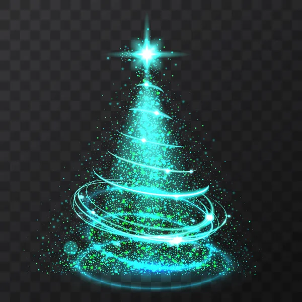 Blaue Glitzerbokeh-Lichter und funkelnde Sterne Weihnachtsbaum auf transparentem Hintergrund. Vereinzeltes Licht, das abstrakt blau gefrorenen Weihnachtsbaum leuchtet. Vektor-Erleuchtung. — Stockvektor