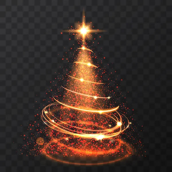 Orangefarbene glitzernde Bokeh-Lichter und funkelnde Sterne Weihnachtsbaum auf transparentem Hintergrund. Vereinzeltes Licht, das abstrakt goldene Weihnachtsbäume leuchten lässt. Vektor-Erleuchtung. — Stockvektor