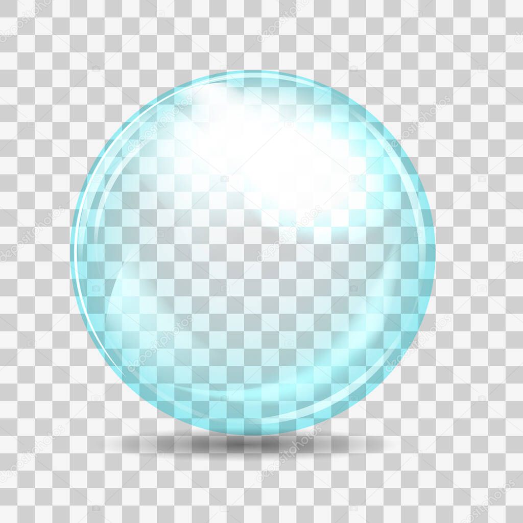 Blue transparent glass sphere with glares and shadow. Vector illustration