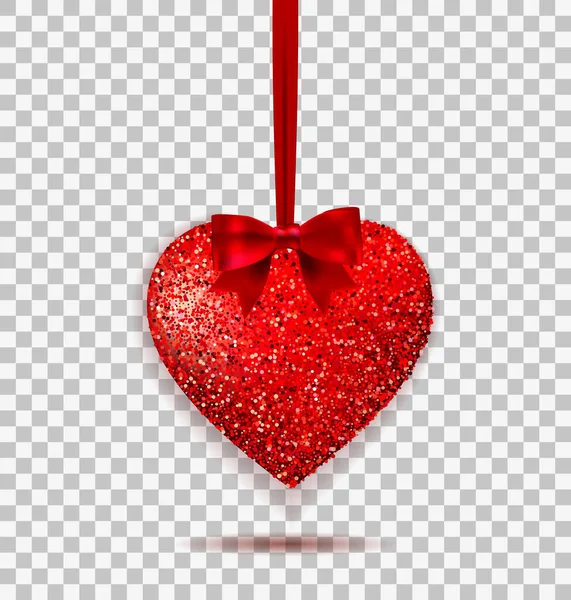 Třpytivé jiskřivé srdce s červeným hedvábným lukem na průhledném pozadí. Valentýn. vektorová ilustrace. EPS 10 — Stockový vektor