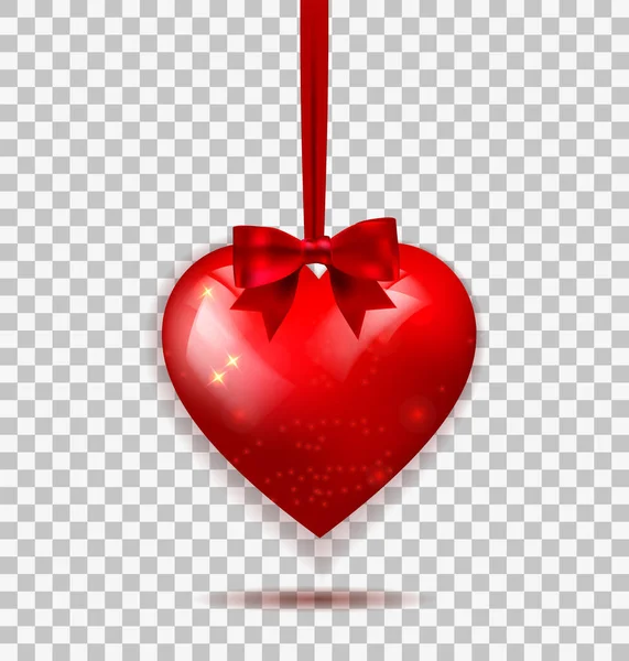 Jiskřivé srdce s červeným hedvábným lukem na průhledném pozadí. Valentýn. vektorová ilustrace. EPS 10 — Stockový vektor