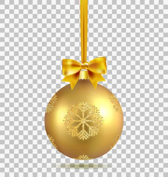 Bola de Natal de ouro com fita e um arco e flocos de neve, isolados em fundo transparente. Modelo de bola de Natal realista mate. Elemento de armazenamento decorações de Natal. Objeto isolado . — Vetor de Stock