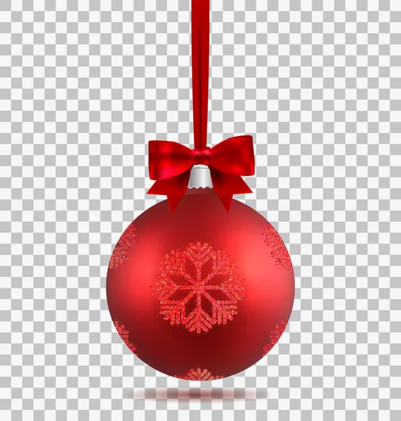 Bola roja de Navidad con cinta y lazo y copos de nieve, aislada sobre fondo transparente. Plantilla de bola de Navidad realista mate. Elemento calcetín decoraciones navideñas. Objeto aislado. Vector . — Vector de stock