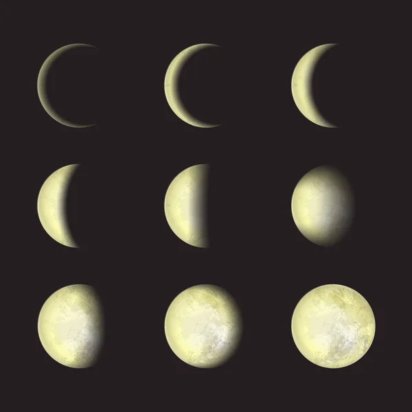 Yellow moon phases on a black background. Vector Illustration, EPS 10. — Stock Vector