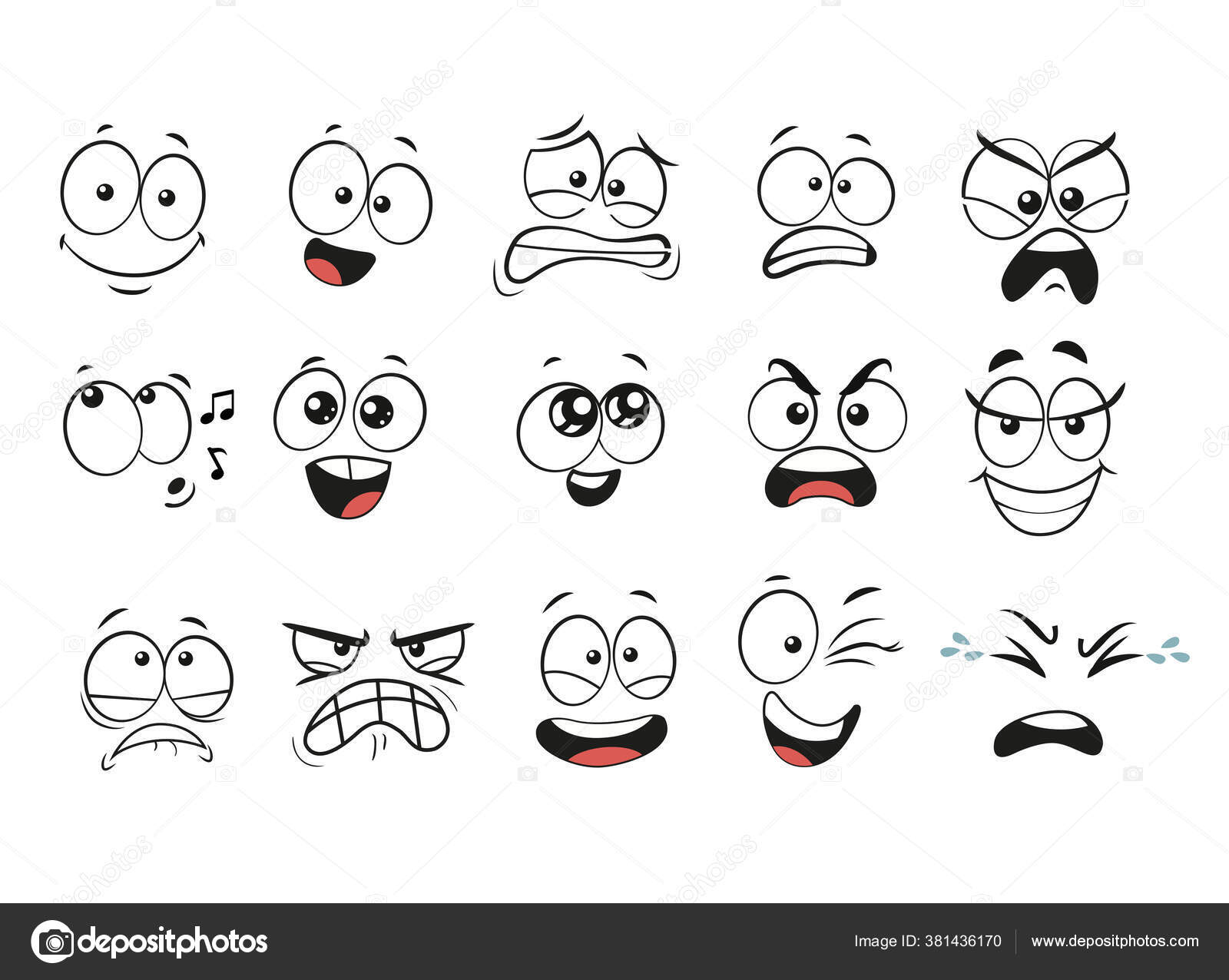 Cartoon facial expressions set. Cartoon faces. Expressive eyes and mouth,  smiling, crying and surprised character face expressions Caricature comic  emotions or emoticon doodle. Isolated vector Stock Vector Image by  ©nikelser #381436170