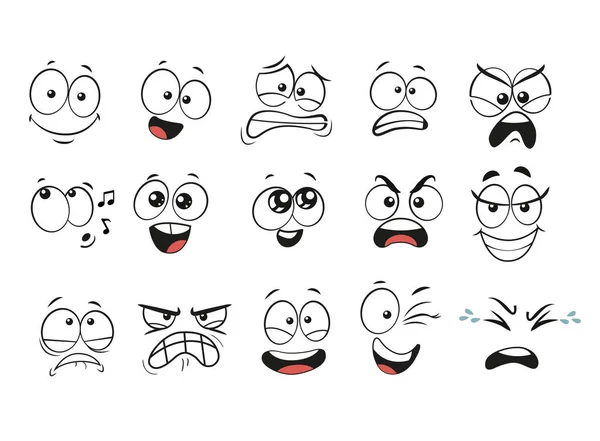 Cartoon espressioni facciali impostato. Facce da cartone animato. Occhi e bocca espressivi, sorridenti, piangenti e sorprese espressioni facciali Caricature comiche o emoticon doodle. Vettore isolato — Vettoriale Stock