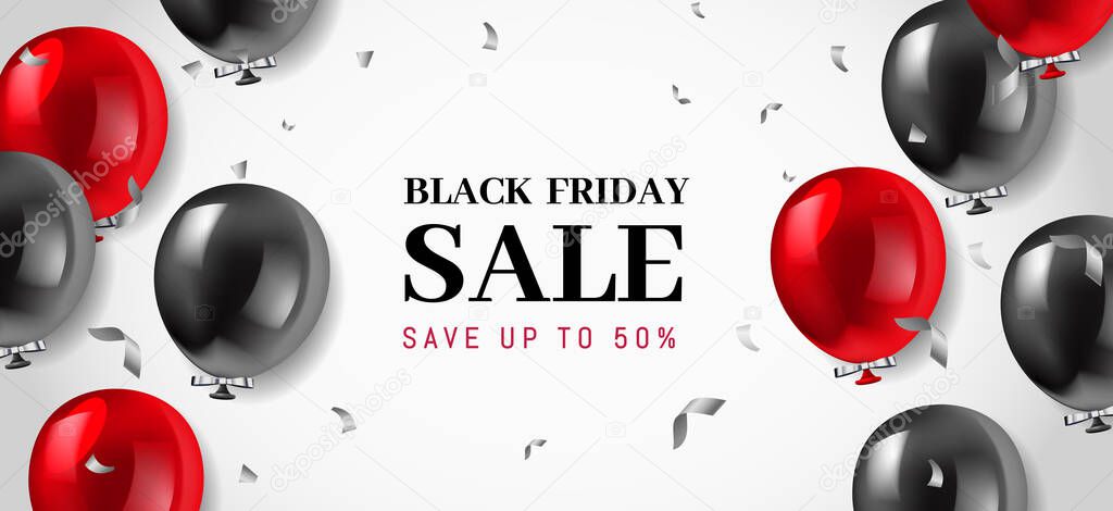 Black Friday Sale Poster or Web Banner. Glossy Black and Red Balloons on White Background. Vector illustration.