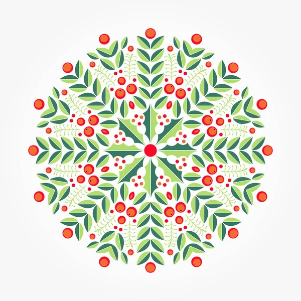 Hojas planas acebo planta círculo ornamento, abstracto navidad bayas rojas — Vector de stock