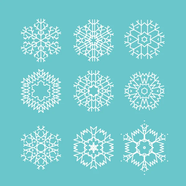 Conjunto de línea vector copos de nieve iconos. Hermosos copos de nieve modernos aislados en backgronud azul. Ilustración de stock vectorial — Vector de stock