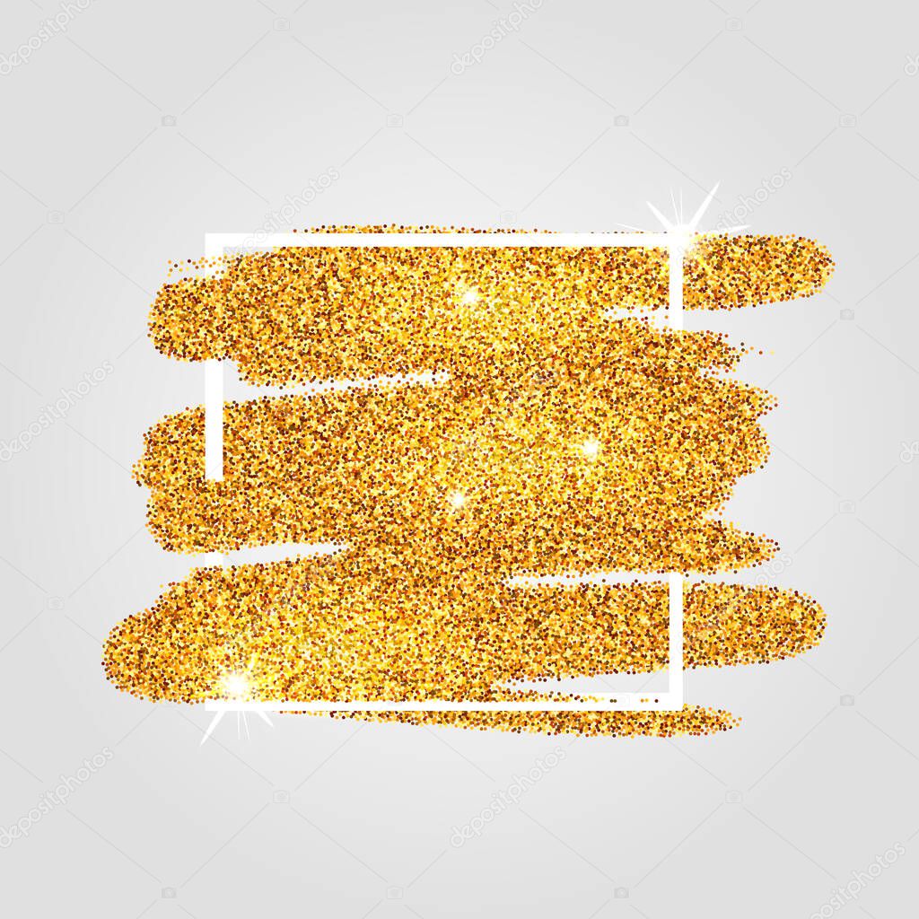 Gold texture glowing background with frame and gold glitter sparkle background isolated on white background. Vector illustration