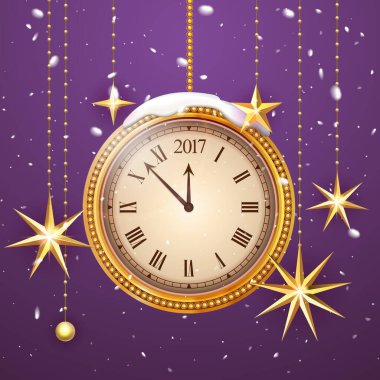 Gold glitter Vector 2017 Happy New Year background with gold clock and christmas decoration ornament with Christmas star. Card with glitter gold 2017 watch. Luxury Premium greeting card. Vector. clipart