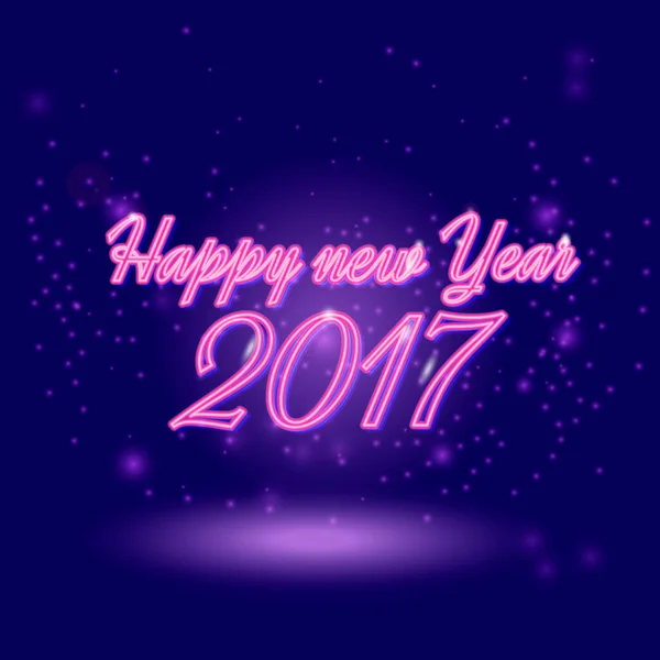 Happy New 2017 Year. Vector holiday illustration of glowing neon 2017 sign with shiny abstract energy sparkle light effect. Happy new year neon lettering greeting shine card. — Stock Vector