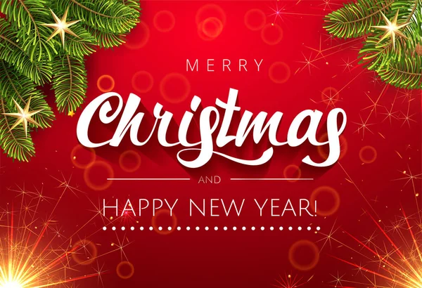 Feliz Navidad y Feliz Año Nuevo, Fondo Retro Vintage Con tipografía saludo en fondo rojo con abeto de Navidad, estrellas y fuegos artificiales brillantes de oro. Ilustración vectorial . — Vector de stock