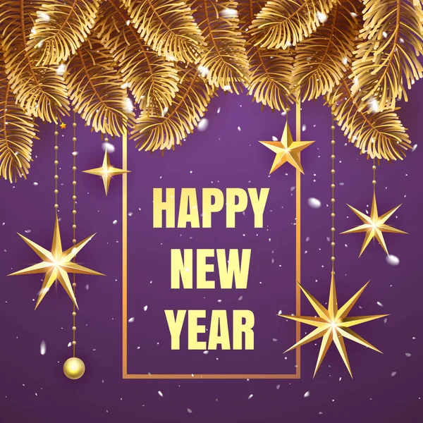 Happy New Year 2017 elegant purple background template with gold christmas 3d stars and snow with a sparkle, text and shining lights. Premium, VIP, luxury Gold and black colors. Vector illustration — Stock Vector