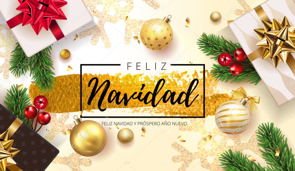 Spanish lettering Feliz Navidad - Happy New Year and Merry Christmas. Christmas greeting background with gifts box and shining golden and silver snowflakes, ball, fir tree . Vector Illustration. EPS