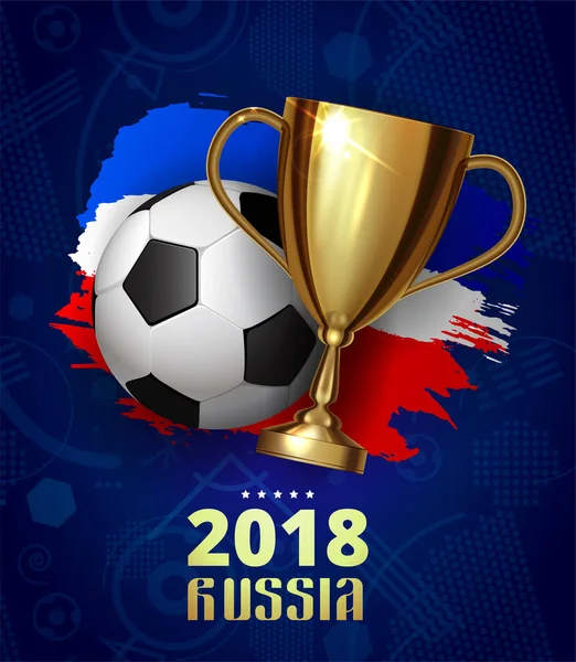 Prachtige design template mock up voetbal 2018 Rusland wereldkampioenschap voetbal competitie. Moskou Rusland logo voetbal met voetbal bal en gouden beker met borstel inkt Russische vlag. Vector. — Stockvector