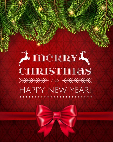 Ramas de pino de árbol de Navidad sobre fondo rojo con lazo rojo. Feliz Navidad y Feliz Año Nuevo tarjeta de felicitación — Vector de stock