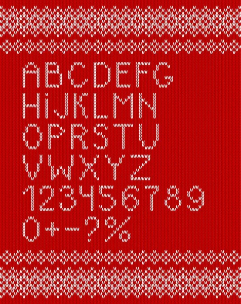 Χριστούγεννα γραμματοσειρά Σκανδιναβικό στυλ χωρίς ραφή πλεκτή απεικόνιση ενός λευκού αλφάβητο πλέξιμο σε κόκκινο φόντο — Διανυσματικό Αρχείο