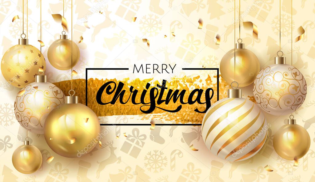 Merry Christmas greeting card banner Poster with golden christmas decoration elements and lettering in gold paint brush splash. Vector illustration. EPS 10.