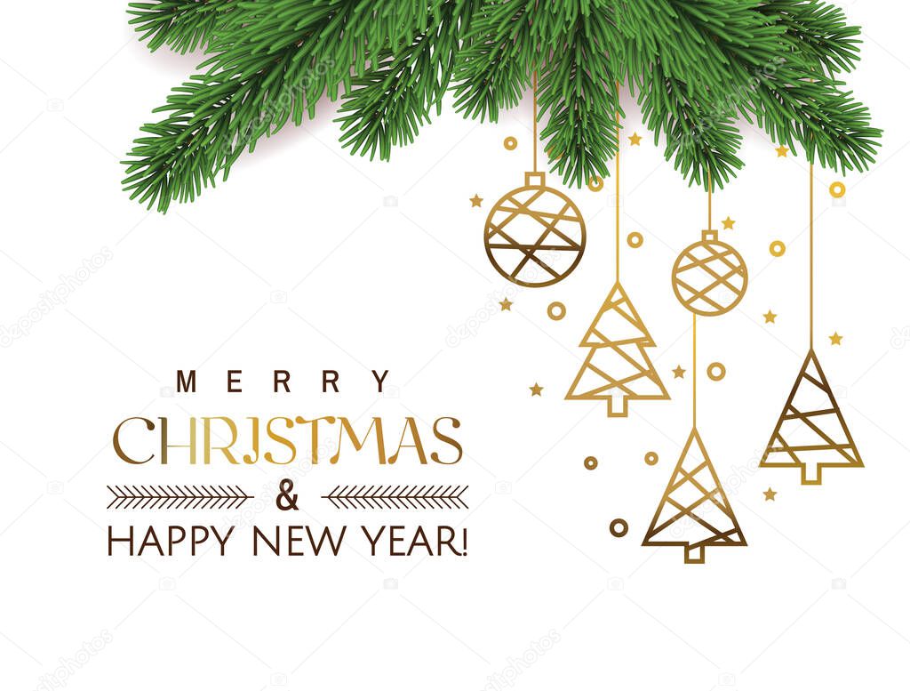 Merry Christmas and Happy New Year greeting card. White backgriund with Golden Christmas toys line art hanging with fir tree branches. Vector illustration.