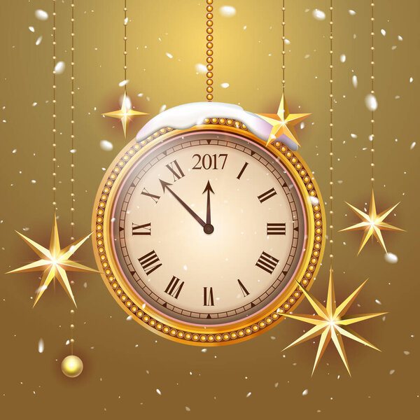 Gold glitter Vector 2017 Happy New Year background with gold clock and christmas decoration ornament with Christmas star. Card with glitter gold 2017 watch. Luxury Premium greeting card. Vector.