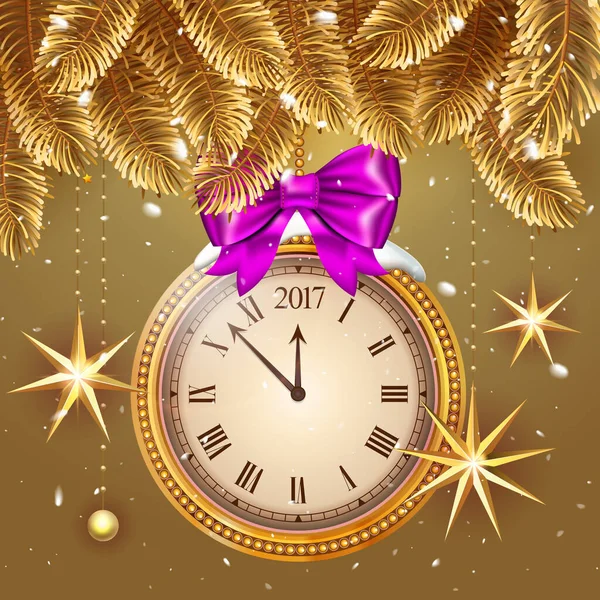 Gold glitter Vector 2017 Happy New Year background with gold clock and christmas decoration ornament with Christmas star. Card with glitter gold 2017 watch. Luxury Premium greeting card. Vector. — Stock Vector