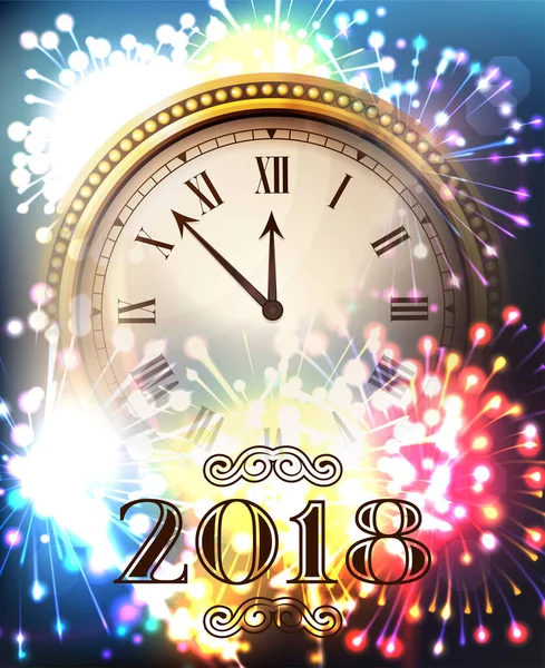2018年新年金光闪闪背景与时钟。蓝色的带有手表和烟火的信号旗。矢量说明 — 图库矢量图片