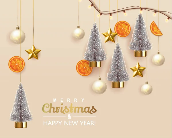 Christmas background with holiday christmas white balls, fir tree pines, oranges and shiny stars on beige background. Illustration can be used for Christmas design, posters, cards, websites, banners
