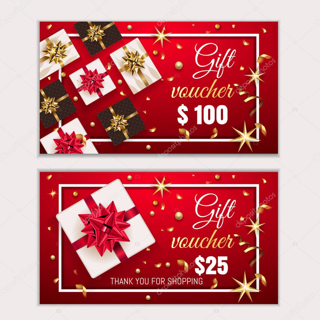 Voucher, Gift certificate, Coupon template with frame, bow, ribbons, present. Holiday celebration background design Christmas, New Year, Birthday for invitation, banner. Vector in red, gold colors.