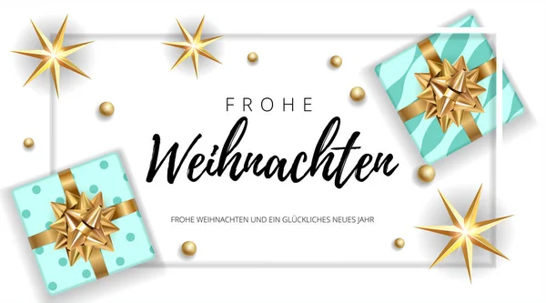 Karácsonyi modern fehér háttér ajándékdoboz egy arany íj. Képeslap, füzet, szórólap, poszter sablonja. Vektor illusztráció EPS10 német gratulációs szöveg Frohe Weihnachten. — Stock Vector