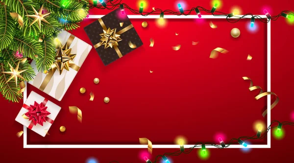Fondo tipográfico navideño con ramas y elementos de abeto. Feliz Año Nuevo decoración con confeti y guirnalda ligera. Ilustración de saludo vectorial . — Vector de stock