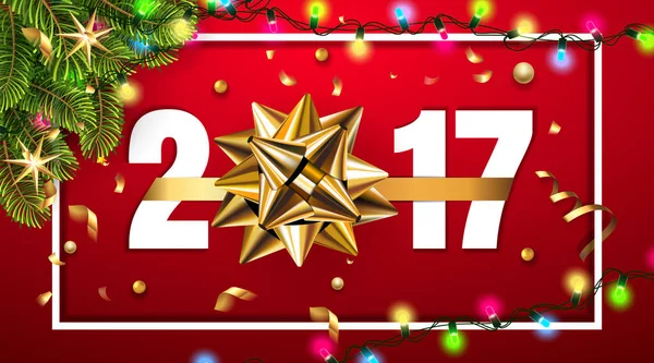 Vector 2017 Szczęśliwego Nowego Roku tło ze złotym łukiem prezent, jodła i konfetti, lekka girlanda i typografia ramki na czerwonym tle. — Wektor stockowy