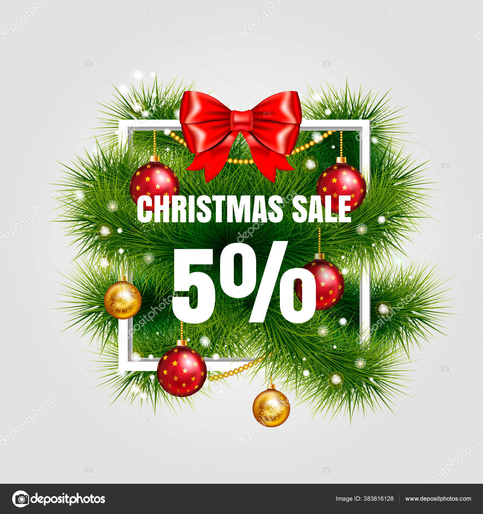 Christmas sale sign vector label 5 sale with red ribbon and green