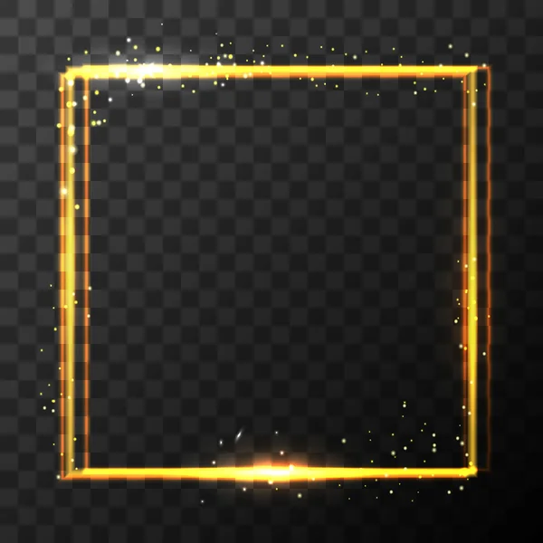 Vector voorraad goud glitter glans magische vierkante frame. Gloeiend neon glinsterend gouden randeffect op donkere transparante achtergrond. EPS 10. — Stockvector