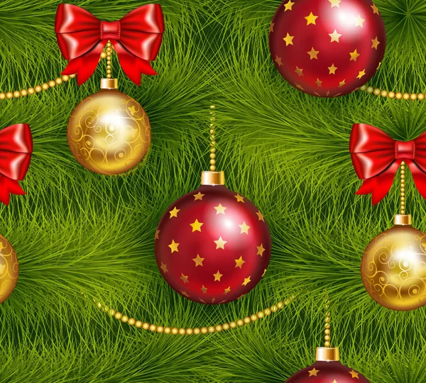 伝統的な赤と金のクリスマスボール、弓や他のクリスマスの装飾とシームレスに現実的なクリスマスツリー. — ストックベクタ