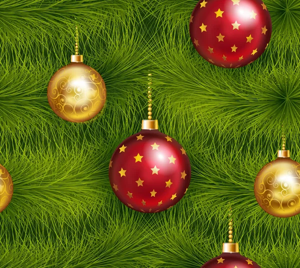 Realistischer Weihnachtsbaum nahtlos mit traditioneller roter und goldener Weihnachtskugel, Schleife und anderem Weihnachtsschmuck. — Stockvektor
