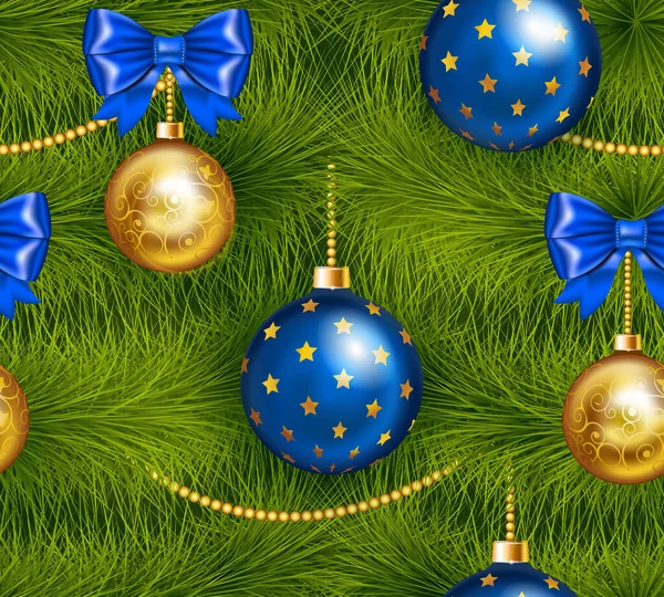 Arbre de Noël réaliste sans couture avec boule de Noël traditionnelle cyan et or, arc et autres décorations de Noël avec neige. — Image vectorielle
