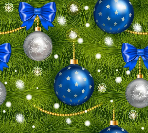 Navidad realista y feliz árbol de año nuevo sin costuras con la tradicional bola de Navidad de cian y plata, arco y otras decoraciones de Navidad de oro con nieve . — Vector de stock