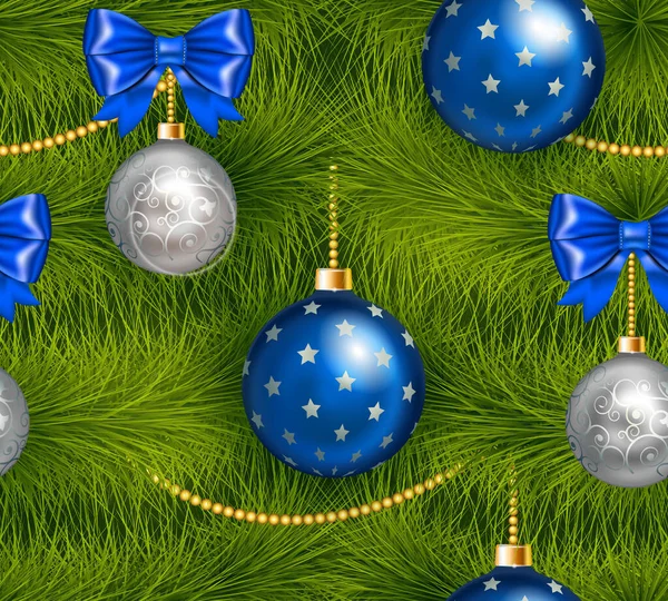 Realistické Vánoce a šťastný nový rok strom bezešvé s tradiční kyan a stříbrné vánoční ples, luk a další zlaté vánoční ozdoby. — Stockový vektor