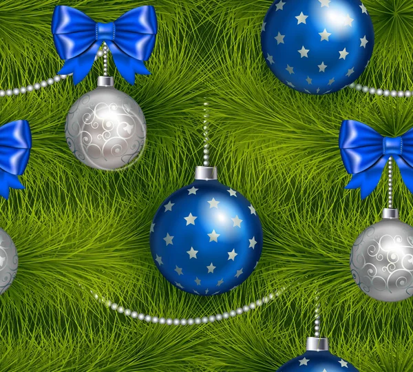 Realistické Vánoce a šťastný nový rok strom bezešvé s tradiční kyan a stříbrné vánoční ples, luk a další vánoční ozdoby se sněhem. — Stockový vektor