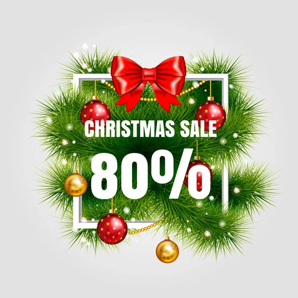 Рождественская распродажа векторной этикетки 80 продажи с красной лентой и зеленой елкой ветвей с золотым рождественским мячом. Праздничная белая квадратная рамка. Зимняя распродажа. Векторная иллюстрация. EPS 10 . — стоковый вектор