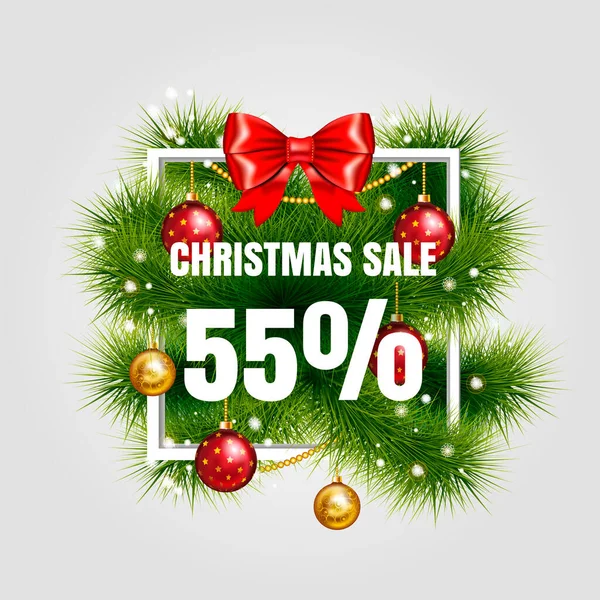 Рождественская распродажа векторной этикетки 55 продажи с красной лентой и зеленой елкой ветвей с золотым рождественским мячом. Праздничная белая квадратная рамка. Зимняя распродажа. Векторная иллюстрация. EPS 10 . — стоковый вектор