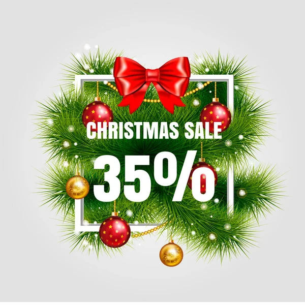 Рождественская распродажа векторной этикетки 35 продажи с красной лентой и зеленой елкой ветвей с золотым рождественским мячом. Праздничная белая квадратная рамка. Зимняя распродажа. Векторная иллюстрация. EPS 10 . — стоковый вектор
