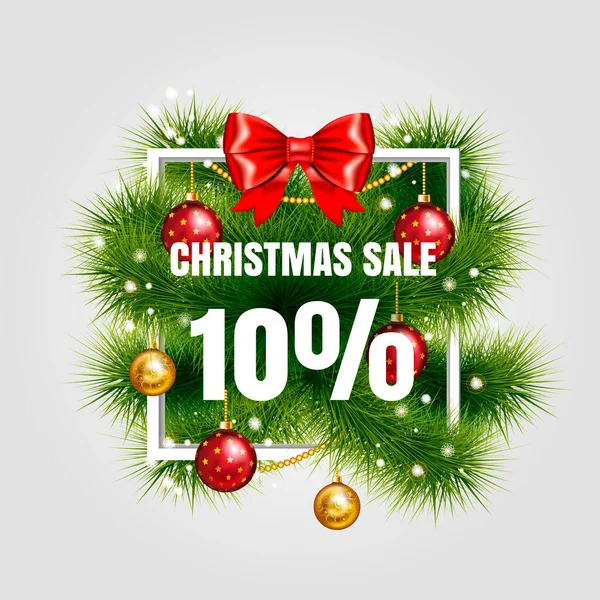クリスマスセールの看板ベクトルラベル金のクリスマスボールと赤いリボンと緑のモミの木の枝と10販売。休日の白い正方形のフレーム。冬の販売。ベクトルイラスト。EPS 10. — ストックベクタ