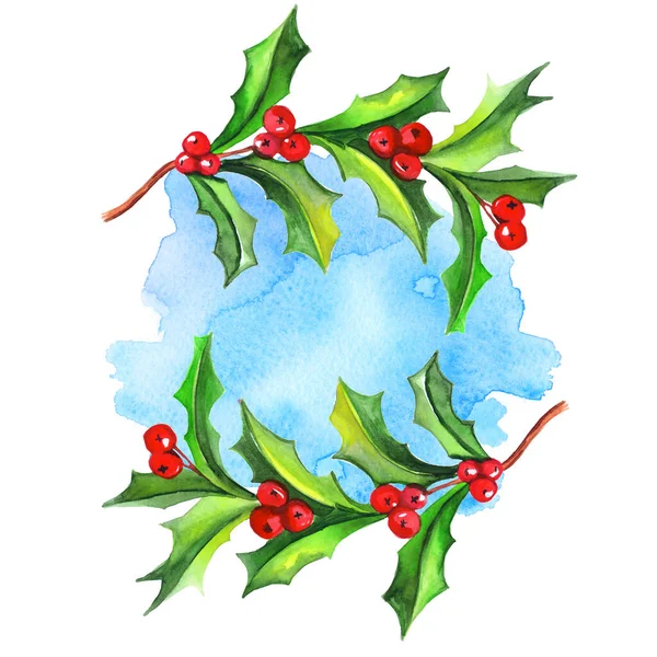 Watercolor Christmas arrowhead plant, red berries ,holly plant frame on the blue snow sky background.
