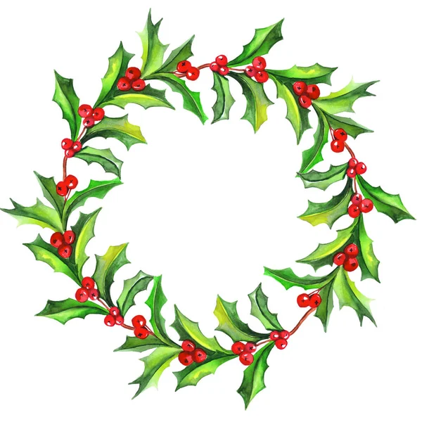 Watercolor Christmas wreath holly plan. watercolor berries wreath. — Stock Photo, Image