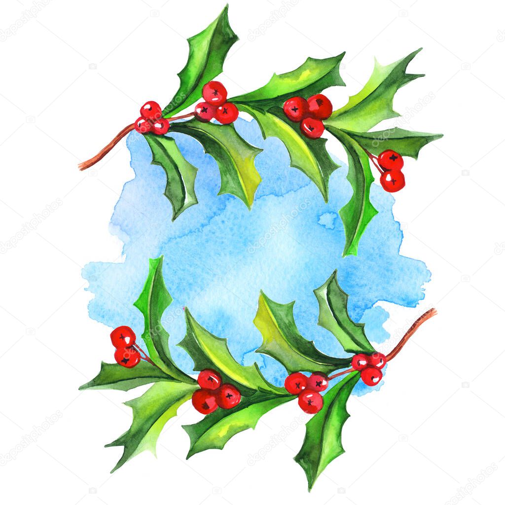 Watercolor Christmas arrowhead plant, red berries ,holly plant frame on the blue snow sky background.