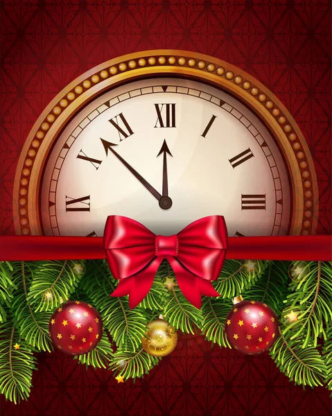 Feliz Navidad y feliz año nuevo reloj de oro con decoraciones de Navidad , — Vector de stock